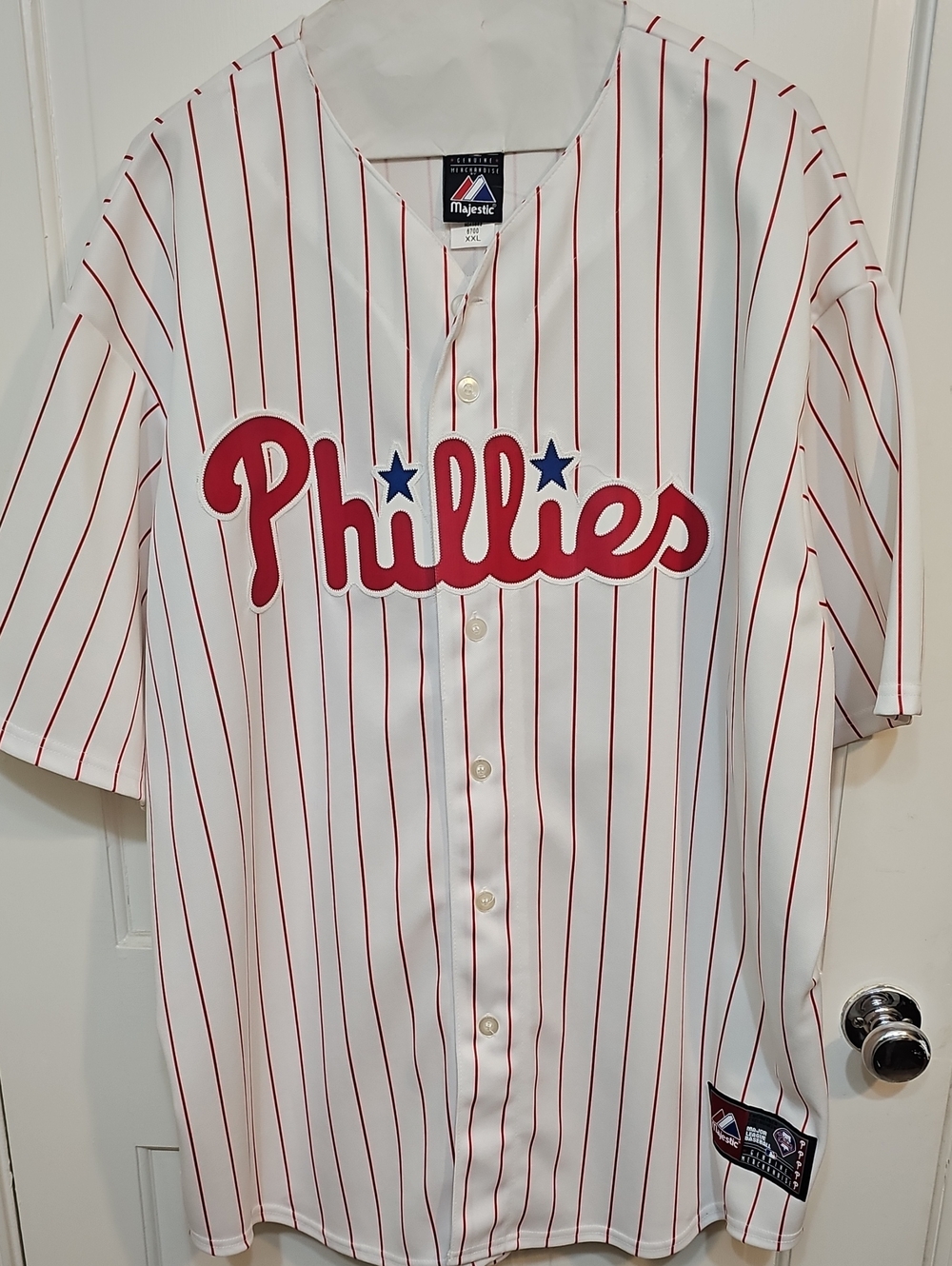 Majestic Phillies White Jersey with Red Pinstripes